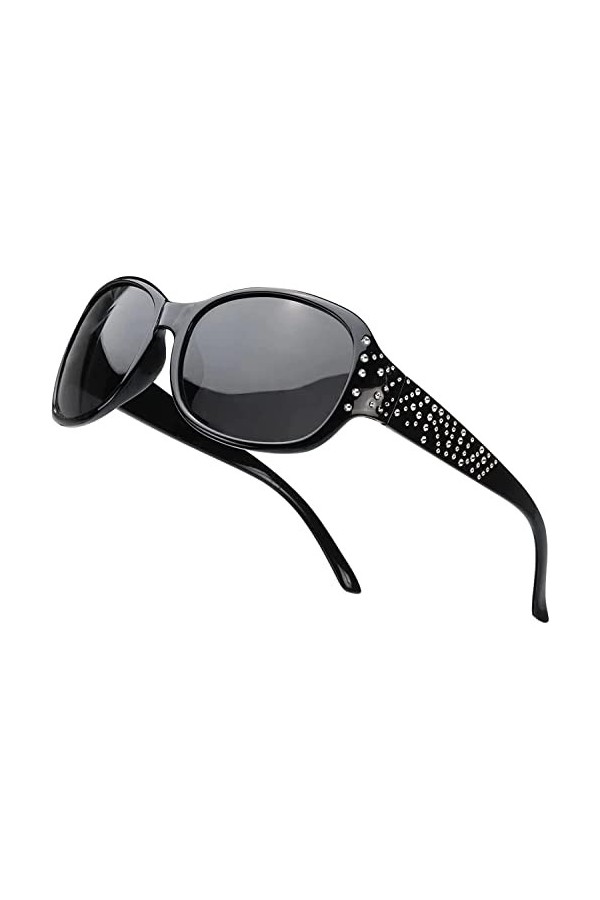 Grande Lunettes de Soleil Femmes Polarisées, Ovales Élégantes Cadre lunette soleil Anti-Reflet UV400 Protection Noir/Noir