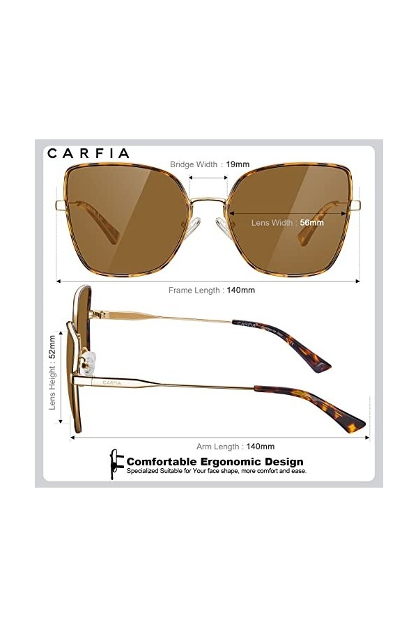 Carfia Lunette de Soleil Femme Polarisées Grande Carré Anti-éblouissement Anti-Reflet Protection UVA400