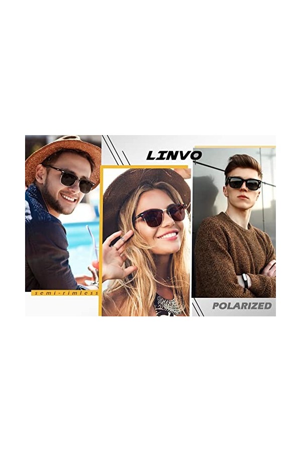 LINVO Lunettes de Soleil Polarisées Sans Monture pour Homme et Femme, Lunettes Rétro Classiques, Demi-monture Lunettes de Sol