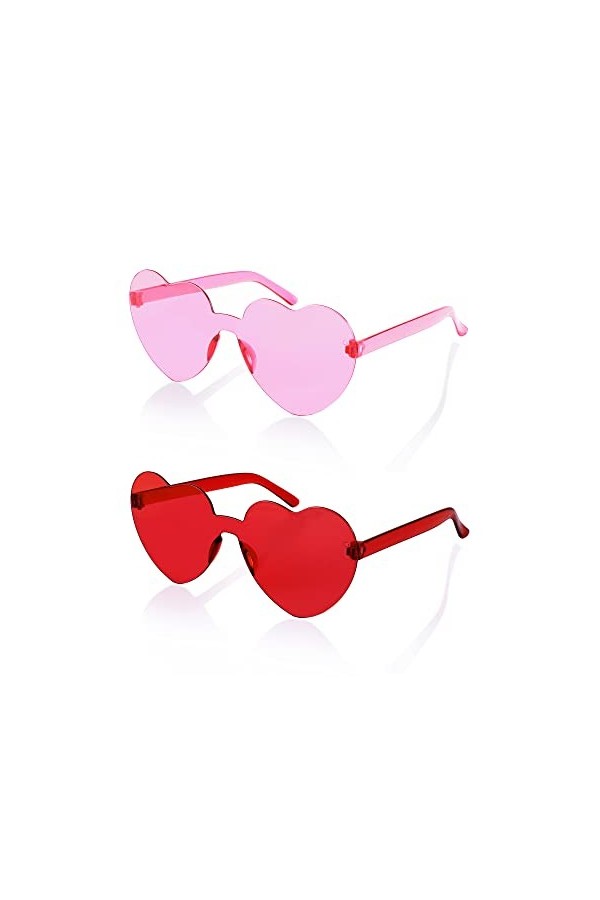 FEISEDY Lot de 2 lunettes de soleil sans monture en forme de cœur pour femme - Transparentes - Tendance - B2826-F2, Rouge, ro