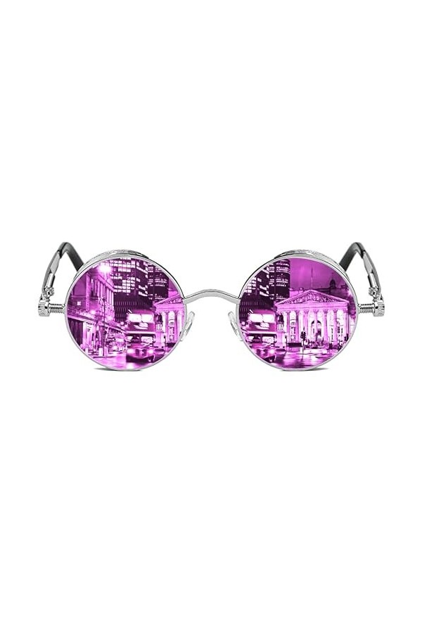 ROCKNIGHT Gothic Steampunk Lunettes de soleil rondes polarisées UV400 pour homme et femme rétro, Cadre argenté/lentille rose,