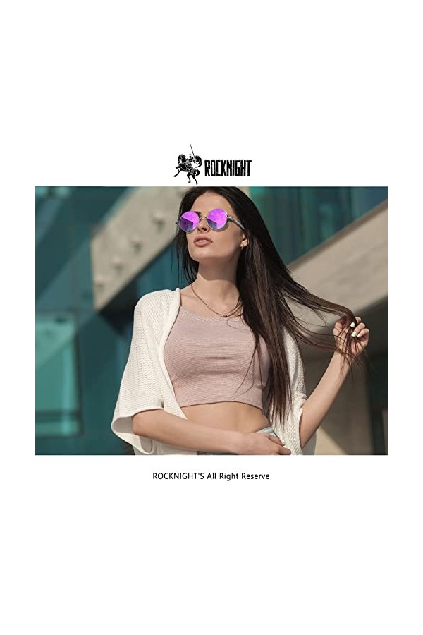 ROCKNIGHT Gothic Steampunk Lunettes de soleil rondes polarisées UV400 pour homme et femme rétro, Cadre argenté/lentille rose,