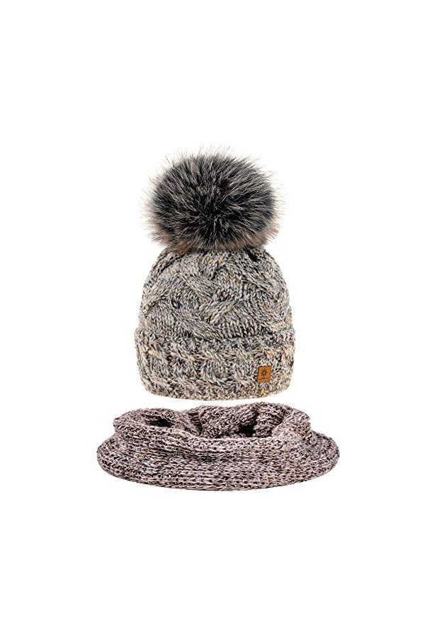MFAZ Morefaz Ltd Ensemble Bonnet et écharpe Femme Tricotée Bonnet Laine Alpaga dhiver Wool Polaire Beige Set Bonnet & Echar