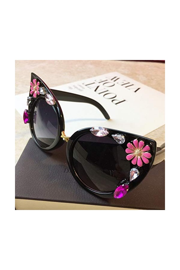 YIERJIU Lunettes Fleur Strass Lunettes de Soleil Femmes Marque de Mode Designer Cat Eye Lunettes de Soleil Vintage uv400 Rose