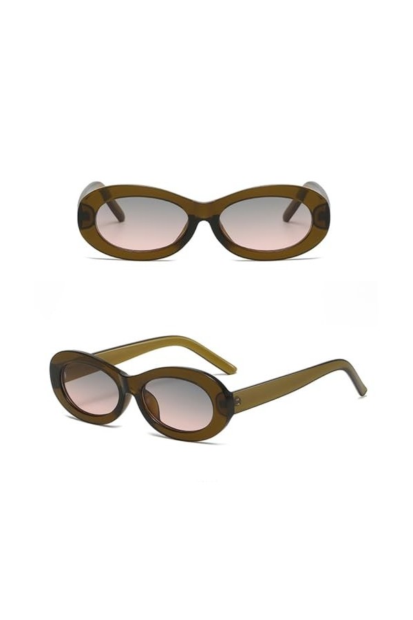 HPIRME Lunettes de soleil ovales pour femmes, petites lunettes de soleil rétro vintage, lunettes féminines, vert gris rose, t