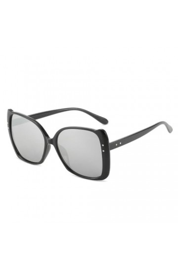 HCHES Lunettes de soleil carrées à grande monture pour femmes, lunettes de soleil avec lettres, nuances noires, noir argenté,