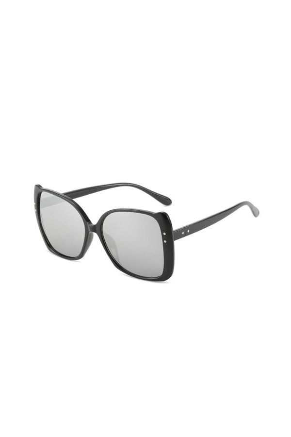 HCHES Lunettes de soleil carrées à grande monture pour femmes, lunettes de soleil avec lettres, nuances noires, noir argenté,