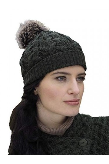 Aran Crafts femmes Bonnet en fausse fourrure pompon en laine tricotee irlandaise 4844-AGRE ,Taille unique,Vert