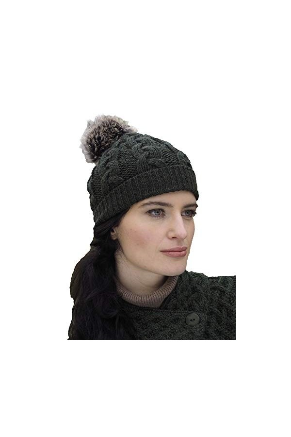Aran Crafts femmes Bonnet en fausse fourrure pompon en laine tricotee irlandaise 4844-AGRE ,Taille unique,Vert