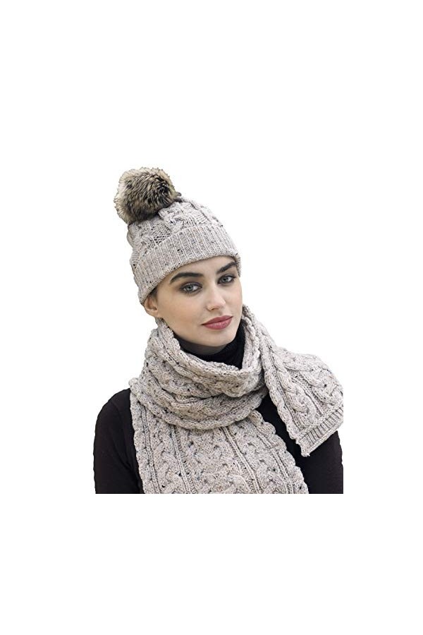 Aran Crafts femmes Bonnet en fausse fourrure pompon en laine tricotee irlandaise 4844-AGRE ,Taille unique,Vert