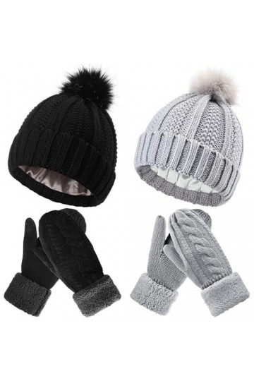 Sintege 4 Pcs Set de Bonnets à Pompon Doublé en Satin de Soie Gants en Tricot Chauds dhiver pour Femme Noir, Gris Clair 