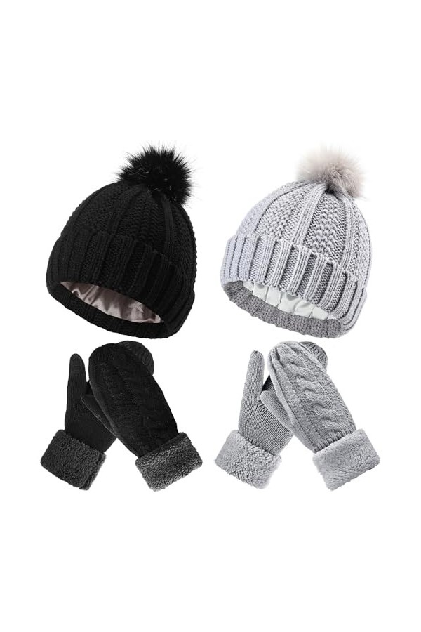 Sintege 4 Pcs Set de Bonnets à Pompon Doublé en Satin de Soie Gants en Tricot Chauds dhiver pour Femme Noir, Gris Clair 