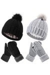 Sintege 4 Pcs Set de Bonnets à Pompon Doublé en Satin de Soie Gants en Tricot Chauds dhiver pour Femme Noir, Gris Clair 