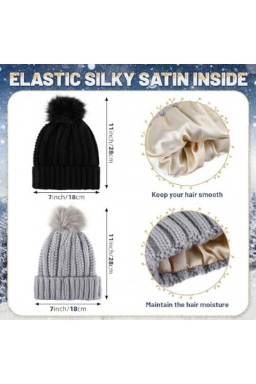 Sintege 4 Pcs Set de Bonnets à Pompon Doublé en Satin de Soie Gants en Tricot Chauds dhiver pour Femme Noir, Gris Clair 
