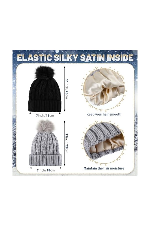 Sintege 4 Pcs Set de Bonnets à Pompon Doublé en Satin de Soie Gants en Tricot Chauds dhiver pour Femme Noir, Gris Clair 