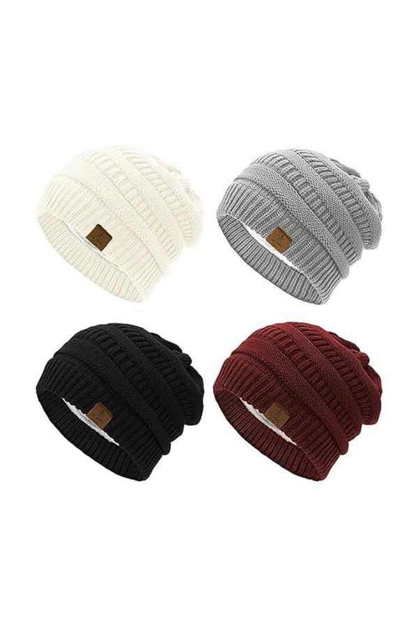 Durio Bonnet dhiver en tricot épais pour femme avec doublure intérieure, Lot de 4 A, taille unique