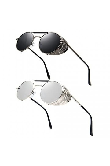 RONSOU Steampunk Style Ronde Vintage Lunettes de Soleil Rétro Lunettes UV400 Protection Métal Cadre Cadre Grise Lentille Gris