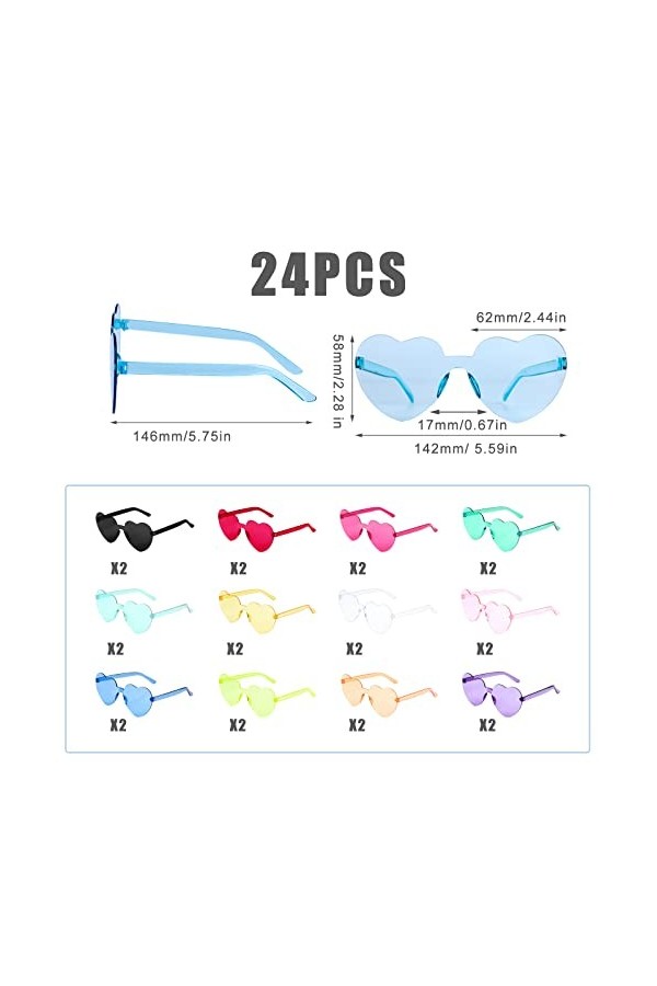 KINBOM 24pcs Lunettes de Soleil en Forme de Coeur, Élégantes Transparentes Lunettes de Soleil Sans Monture pour Adulte Femmes