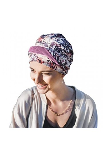 CAREBELL Turban oncologique CONFORT Mauve Fleurs · Coton · Pour la perte de Cheveux Headwear, Mauve, Taille Unique