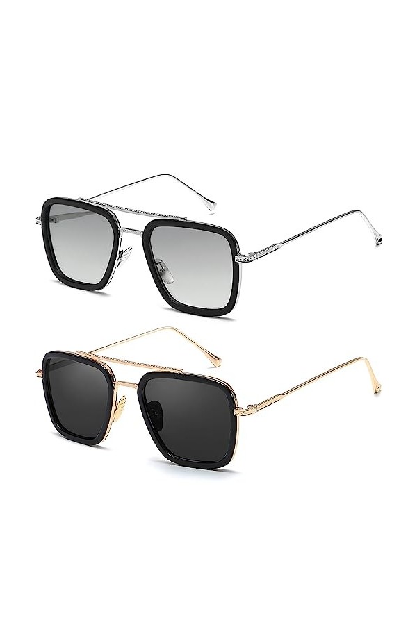 SHEEN KELLY Tony Stark Lunettes de soleil 2 Pack-Vintage Lunettes de soleil avec monture en métal pour hommes Femmes Classiqu