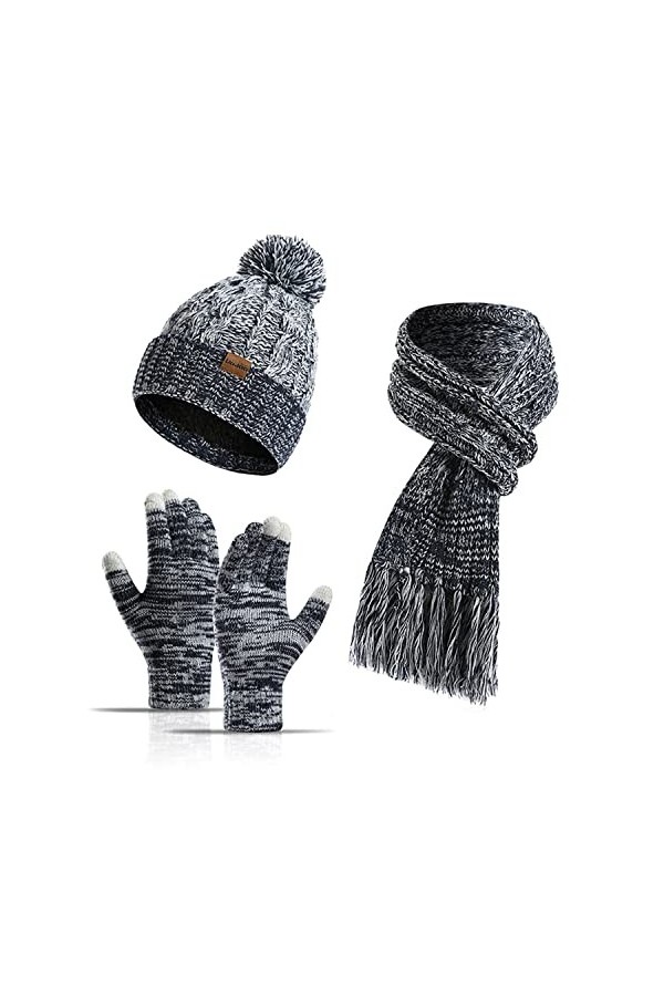 Ensemble bonnet et gants dhiver en tricot chaud pour femme - Pour temps froid - Bonnet extensible doux et doux - Pour fille,