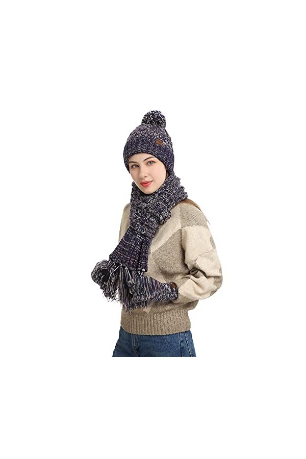 Ensemble bonnet et gants dhiver en tricot chaud pour femme - Pour temps froid - Bonnet extensible doux et doux - Pour fille,