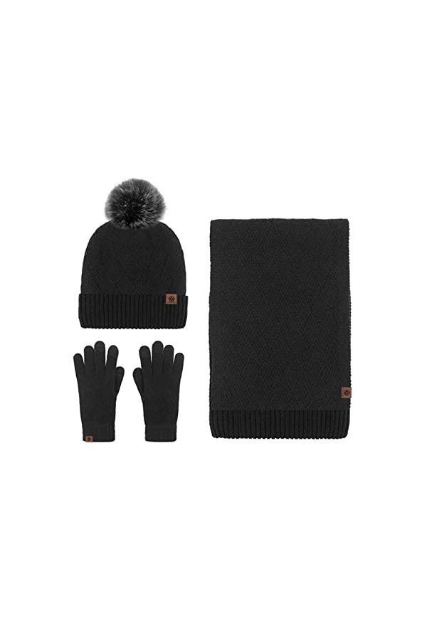 LumiSyne Hiver 3 En 1 Packs Bonnet Écharpe Et Gants Homme Femme Couleur Unie Rhombus Bonnet Tricoté Écharpe Longue Gants dÉc