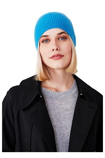 Style Republic Bonnet côtelé pour femme, 100 % cachemire, doux et extensible, chapeau chaud pour lhiver, Bleu fantaisie, 48