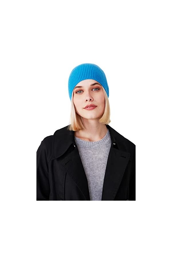 Style Republic Bonnet côtelé pour femme, 100 % cachemire, doux et extensible, chapeau chaud pour lhiver, Bleu fantaisie, 48