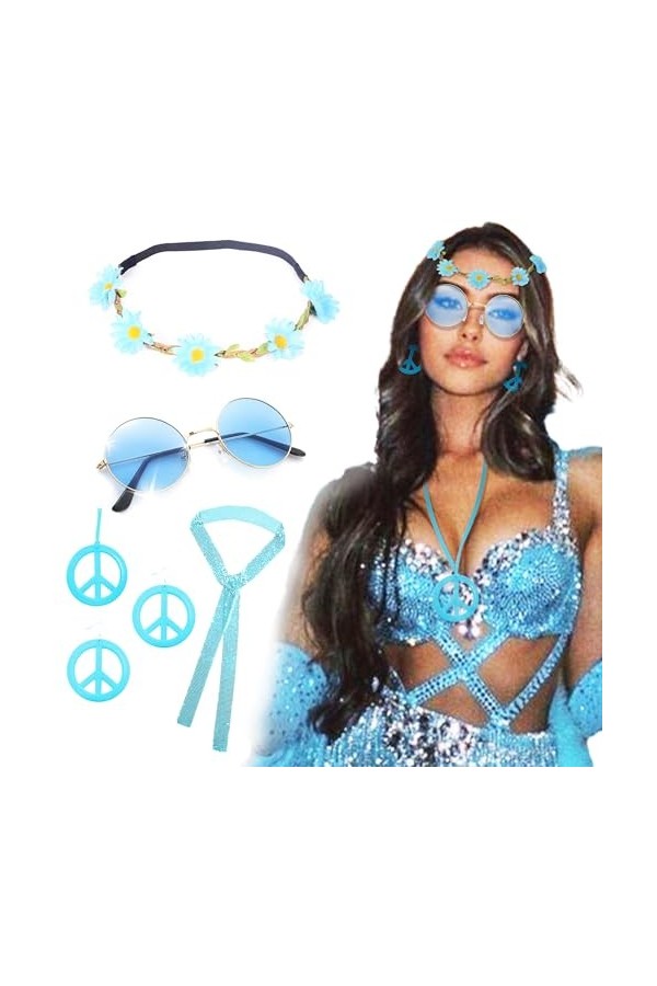 JeVenis Lot de 5 accessoires Mamma Mia - Bandeau - Ras du cou - Lunettes de soleil bleues - Costume Abba - Costume disco pour