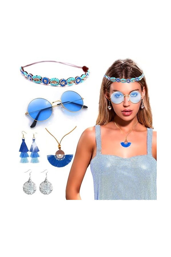 JeVenis Lot de 5 accessoires Mamma Mia - Bandeau - Ras du cou - Lunettes de soleil bleues - Costume Abba - Costume disco pour