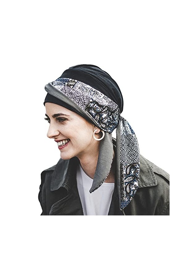 CAREBELL Smooth Paisley Black Turban Bonnet oncologique en bambou pour chimiothérapie ou alopécie, taille unique, Noir , Tail