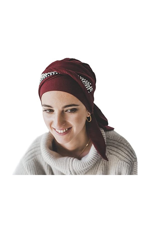 CAREBELL Turban oncologique Smooth Ikat Bordeaux en bambou pour la perte des cheveux Headwear