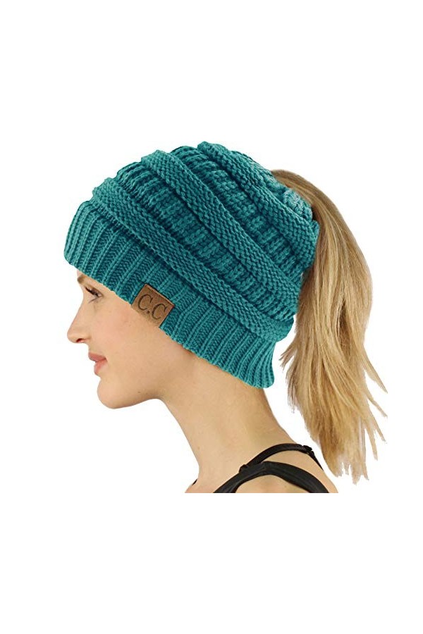 CC Bonnet extensible en tricot doux pour queue de cheval - Vert - Taille unique