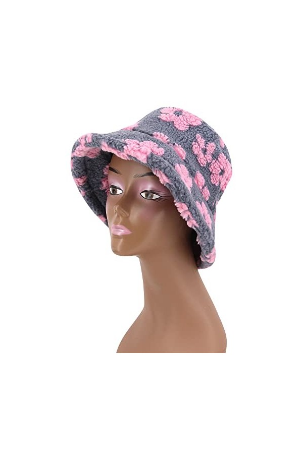 Surkat Chapeau dhiver en peluche chaude en fausse fourrure pour femme, motif floral rose, Taille unique