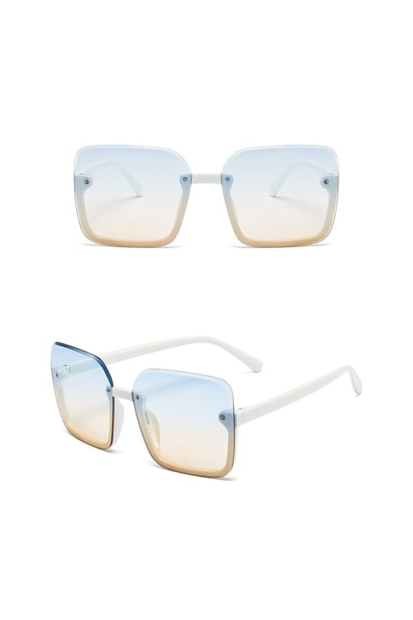 HCHES Lunettes de Soleil surdimensionnées Femmes Lunettes de Soleil carrées Femmes/Hommes Lunettes pour Femmes, Thé bleu blan