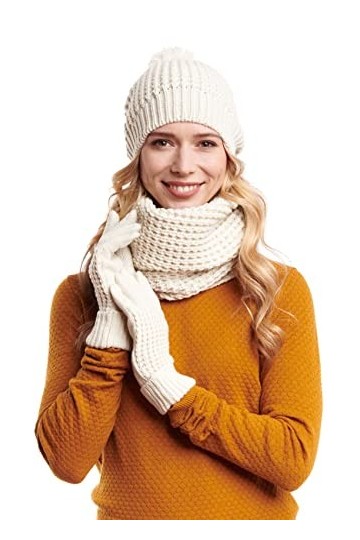 Hilltop Ensemble combinaison dhiver en boucle, bonnet tricoté assorti et gants, cadeau pour femme, en 3 parties, beige, tail