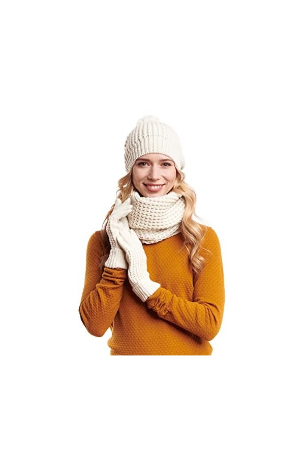 Hilltop Ensemble combinaison dhiver en boucle, bonnet tricoté assorti et gants, cadeau pour femme, en 3 parties, beige, tail