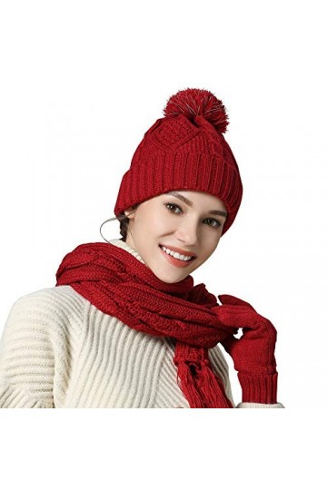 Ensemble 4 pièces écharpe, chapeau et gants en tricot - Hiver - Pour femme et fille - Rouge - Taille Unique