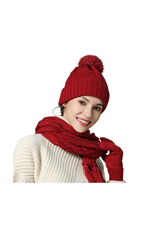 Ensemble 4 pièces écharpe, chapeau et gants en tricot - Hiver - Pour femme et fille - Rouge - Taille Unique