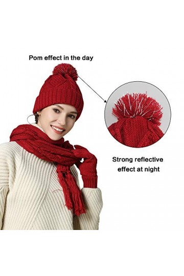 Ensemble 4 pièces écharpe, chapeau et gants en tricot - Hiver - Pour femme et fille - Rouge - Taille Unique