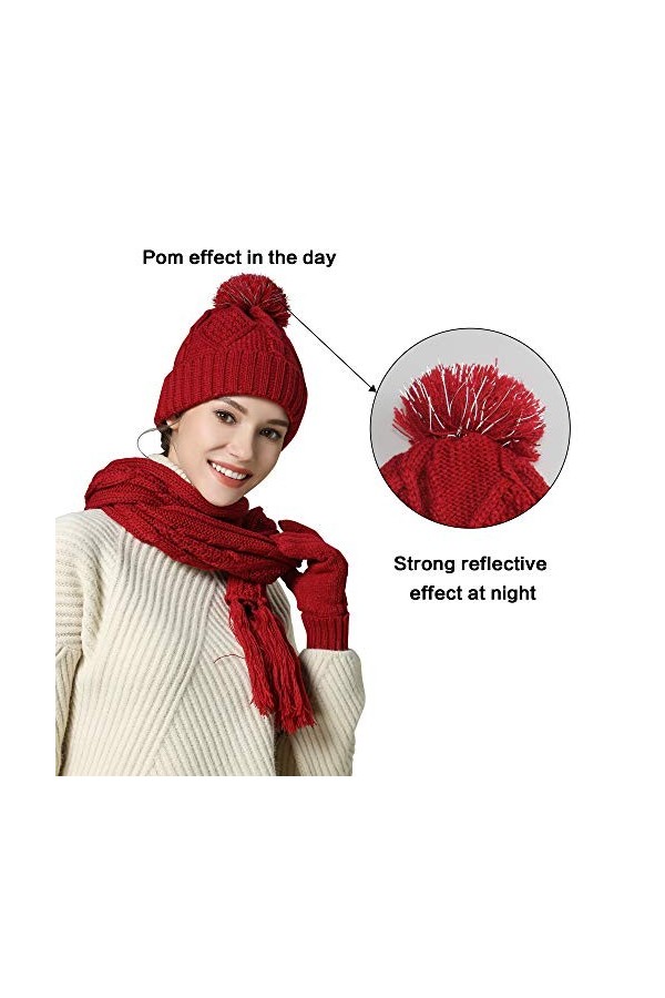 Ensemble 4 pièces écharpe, chapeau et gants en tricot - Hiver - Pour femme et fille - Rouge - Taille Unique