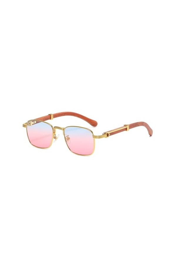 HCHES Lunettes de soleil carrées colorées pour femmes, lunettes de soleil rétro à grain de bois pour hommes Uv400 en métal, l