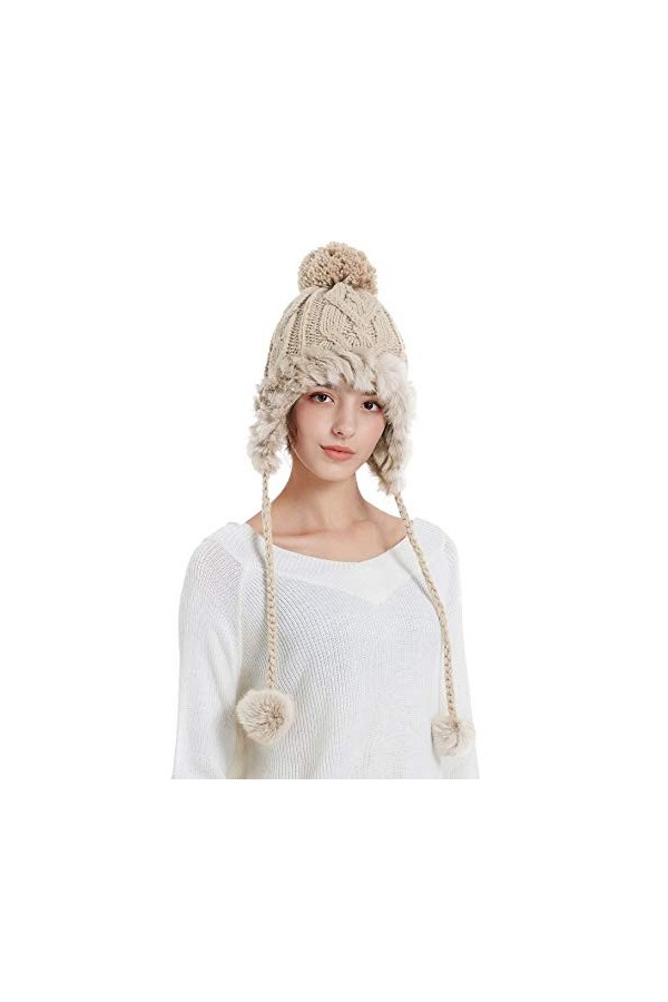 Zbrandy Bonnet cache-oreilles en fausse fourrure pour femme avec motif tête de mort et doublure polaire - Beige - Medium