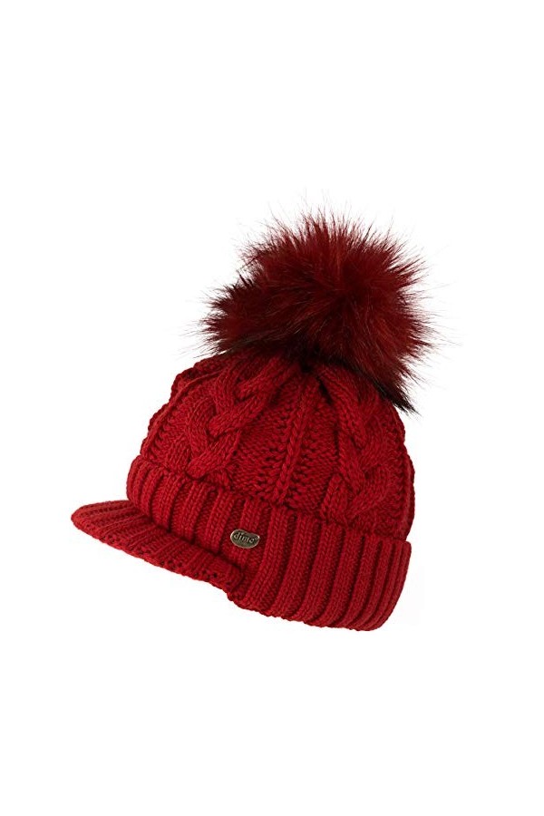 fashionchimp ® Bonnet à visière en laine avec pompon en fourrure torsadée et doublure polaire - Fabriqué en UE - Gris - Taill