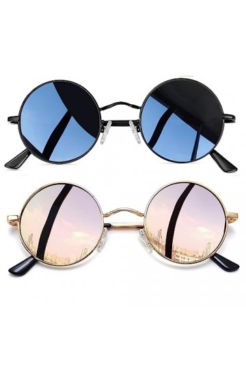 Joopin Effet Miroir Lunettes de Soleil Rose Ronde Polarisée pour Femme - 2 Pack Lunettes de Soleil Rétros Style Sombre Gris N