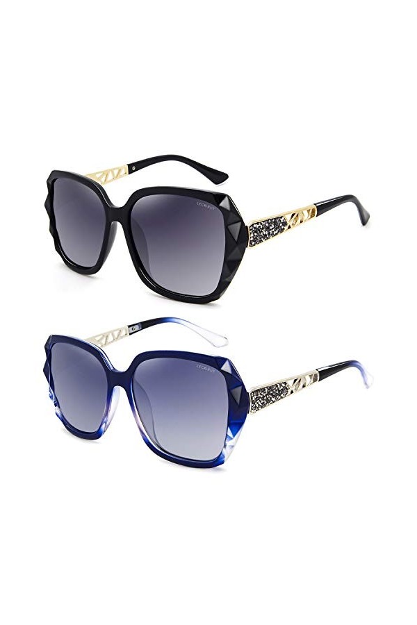 LECKIRUT Lunettes de Soleil Pour Femmes Polarisées Surdimensionnées Classiques 100% UV Protection Cadre Noir Lentille Grise C