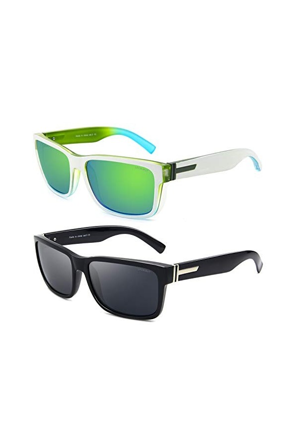 LECKIRUT Lunettes de soleil homme femme polarisées Rectangulaire Grande Rétro Unisexe UV400 Protection 2 pièces Combinaison 