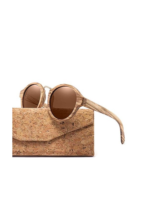 Zbertx Lunettes De Soleil en Bois pour Hommes Femmes Rétro Lunettes De Soleil Rondes Lentille Polarisée Uv400 avec Étui,Lenti