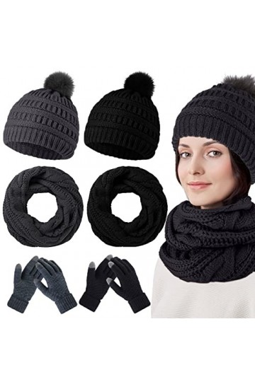 Ensemble de Bonnets en Tricot à Pompon Gants Écran Tactile Écharpes Longues Hiver Femmes Noir, Blanc, 6 Pcs 